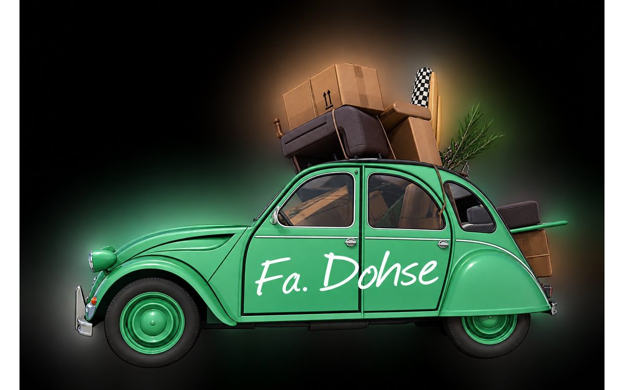 Grüner Umzugswagen im Enten-Design mit der Aufschrift „Fa. Dohse“ – Ausbau der Bekanntheit für Fa. Dohse durch Harz Marketing im Harz